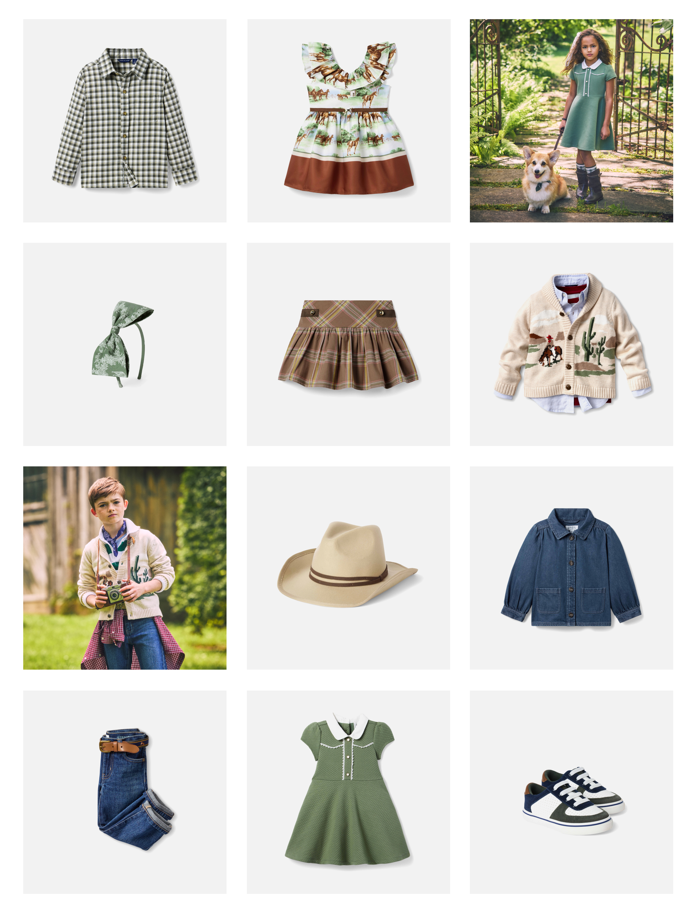 Grid of children's western and preppy clothing including plaid shirt, horse-print dress, green knit dress with white collar, green bow headband, plaid skirt, cowboy cardigan sweater, denim jacket, cowboy hat, belted jeans, and navy sneakers, with two lifestyle photos of children modeling the looks