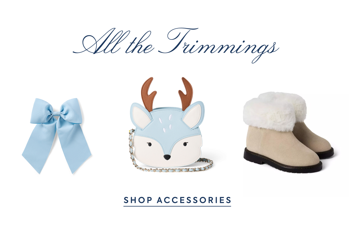 Blue bow hair clip, reindeer crossbody bag, and fur-trimmed boots - All the Trimmings - SHOP ACCESSORIES