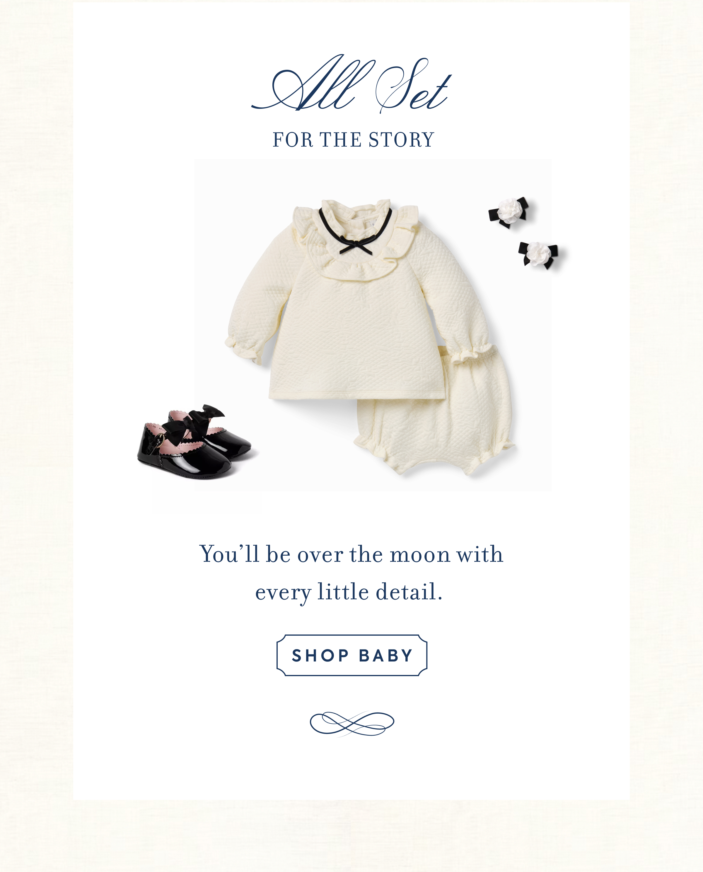Cream baby top and bloomer set with black patent Mary Jane shoes and hair clips - All Set FOR THE STORY - You'll be over the moon with every little detail. - SHOP BABY