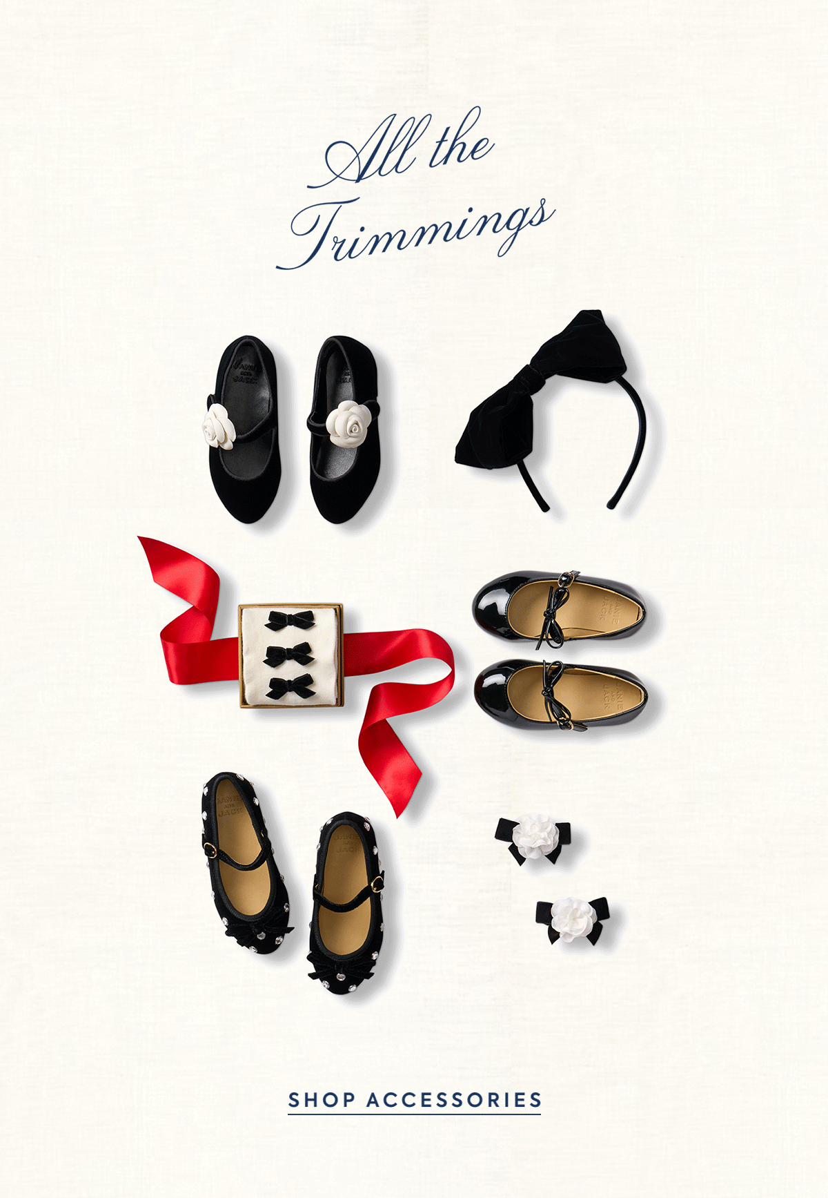 Black children's dress shoes, hair accessories, and bow clips flat lay - All the Trimmings - SHOP ACCESSORIES
