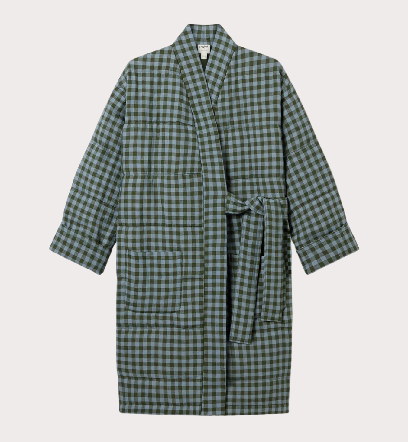 Fern Green & Dusk Blue Colour Drenched Gingham Linen Blend Housecoat