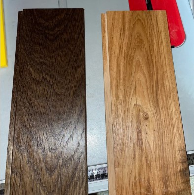 Fumed white oak next to raw white oak