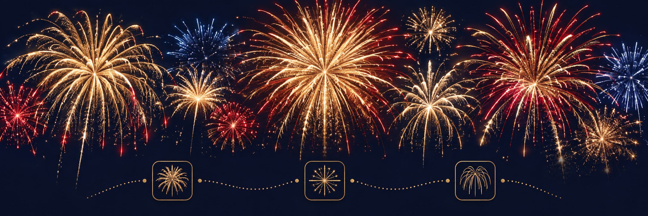 Display builder illustration: firework bursts above connected planning tiles