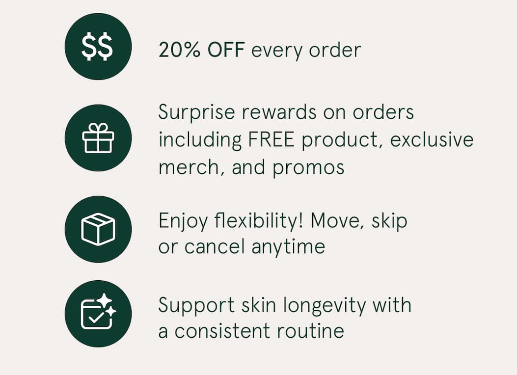 20% OFF every order | Surprise rewards on orders including FREE product, exclusive merch, and promos | Enjoy flexibility! Move, skip or cancel anytime | Support skin longevity with a consistent routine