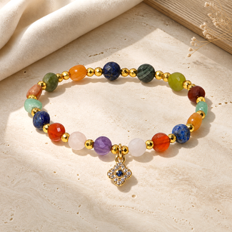 The Twelve Lucky Stones Bracelet with twelve coin-shaped stones for luck and good fortune.