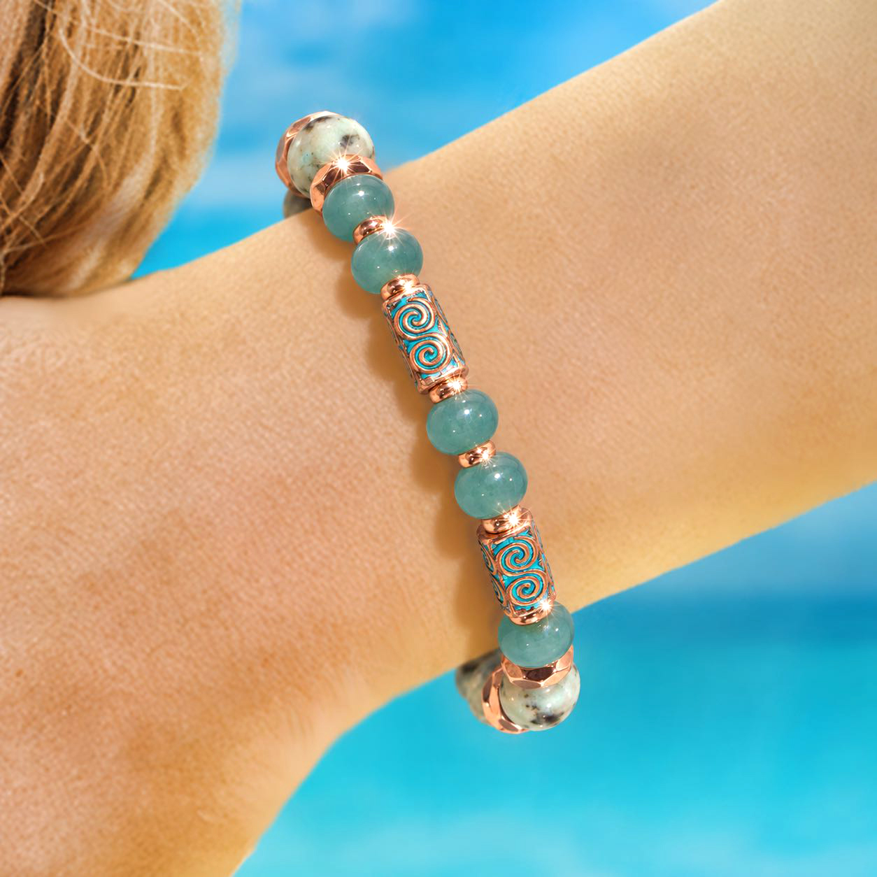 Minoan Seasons Of Gentle Change Bracelet in soft jade and earthy stones.