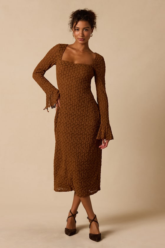 Image of Ornella Brown Floral Lace Long Sleeve Midi Dress