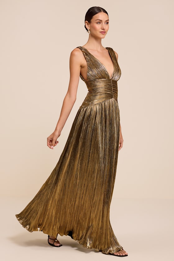 Image of Kelina Gold Pleated Drop Waist Maxi Dress