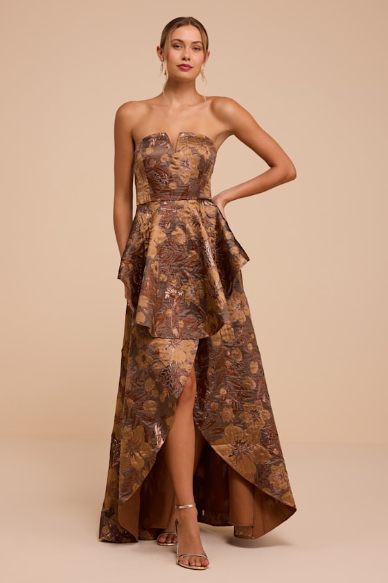 Image of Majestic Glam Brown Jacquard Strapless High Low Maxi Dress