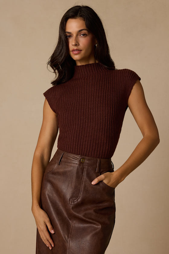 Image of Lecosha Brown Ribbed Knit Cap Sleeve Sweater Top