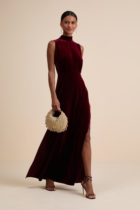 Image of Classic Elegance Wine Red Velvet Sleeveless Mock Neck Maxi Dress