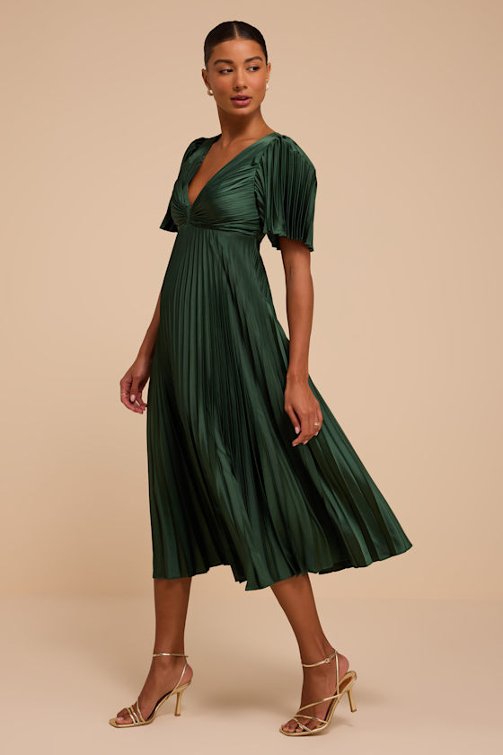 Image of Kelsi Forest Green Pleated Satin Midi Dress