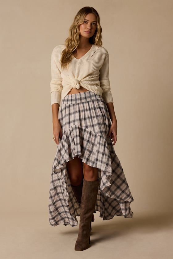 Image of Linden Ivory Plaid High Low Skirt
