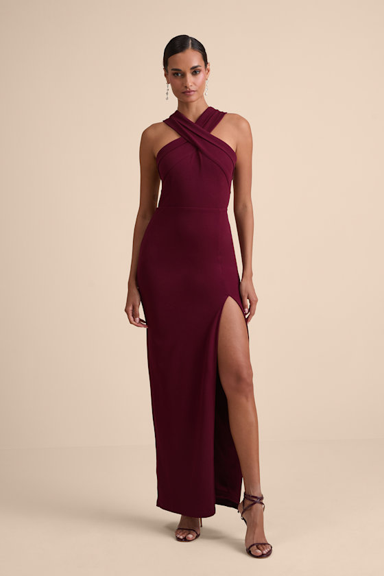 Image of Head To Cocktail Hour Burgundy Halter Neck Maxi Dress