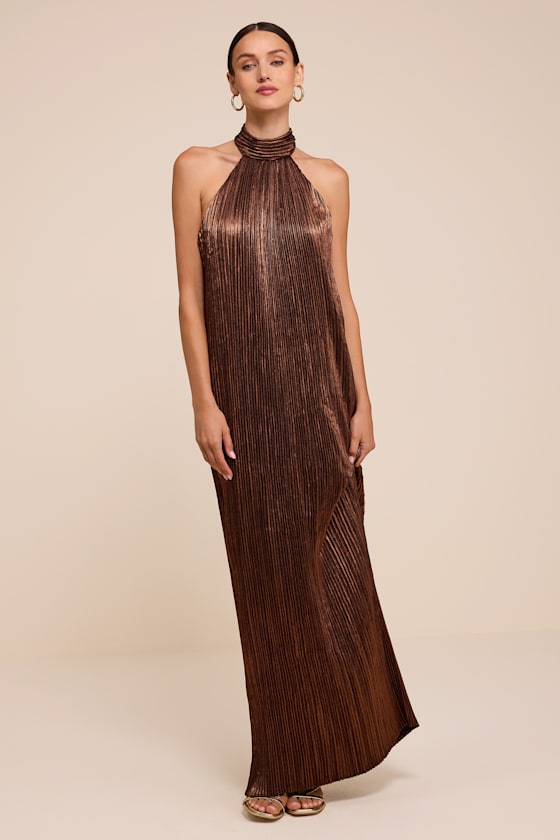 Image of Marta Bronze Metallic Pleated Backless Maxi Dress