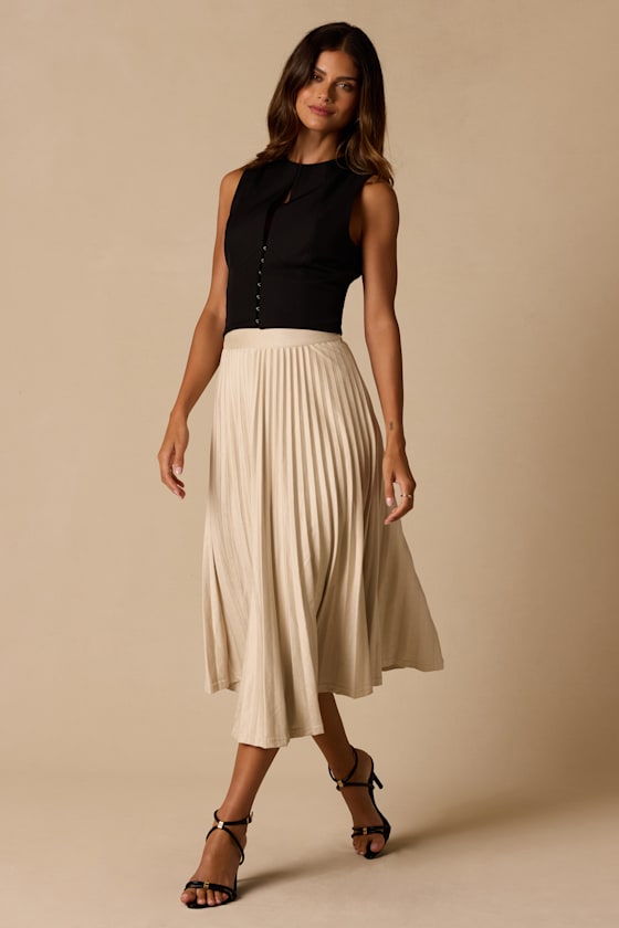 Image of Raylie Beige Suede Pleated Midi Skirt