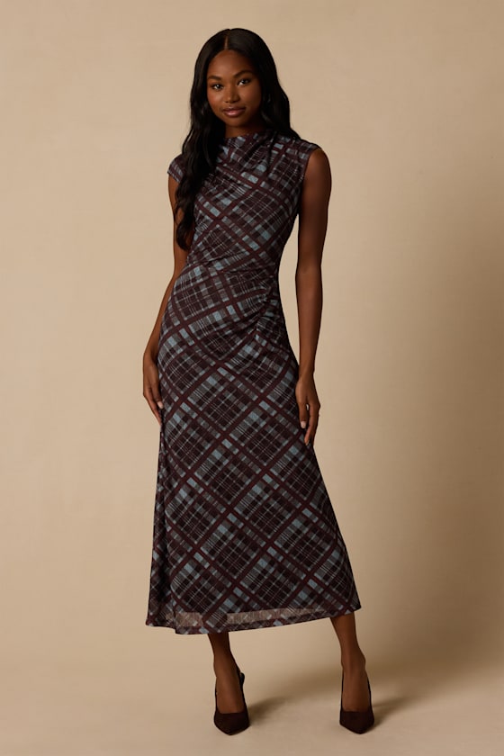 Image of Mantra Brown Plaid Midi Dress