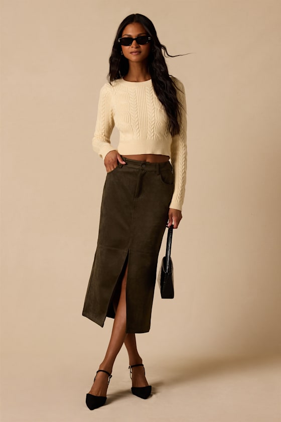 Image of Reeves Olive Green Suede Mid Rise Midi Skirt