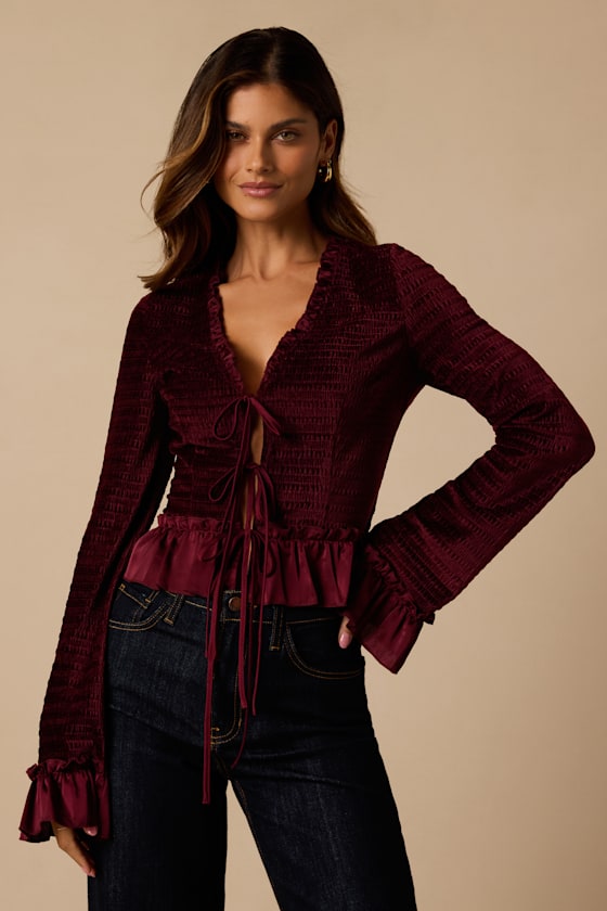 Image of Wyle Burgundy Velvet Long Sleeve Top