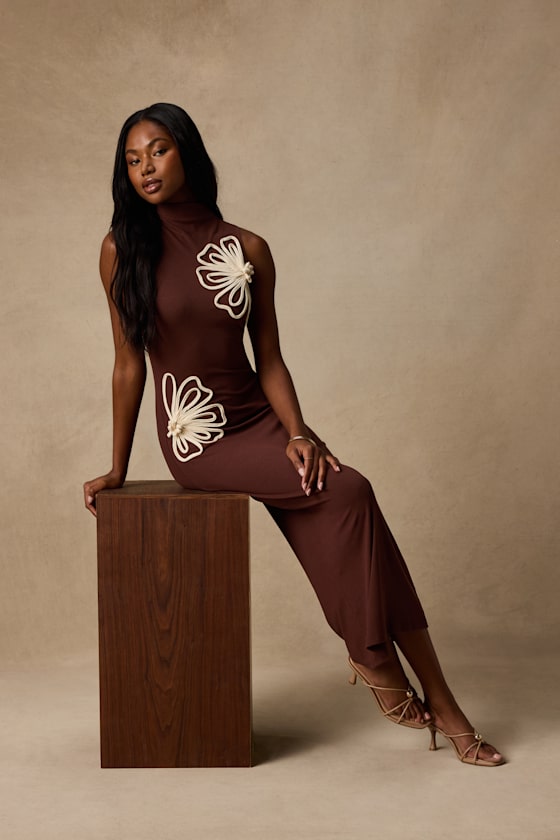Image of Eviee Brown Sweater Knit Embroidered Midi Dress