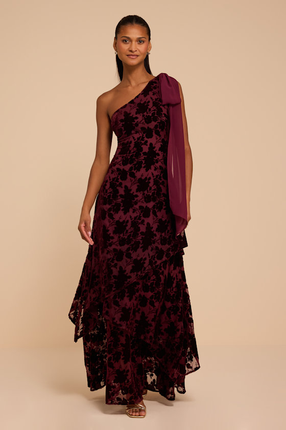 Image of Camellia Burgundy Burnout Velvet One Shoulder Bow Maxi Dress