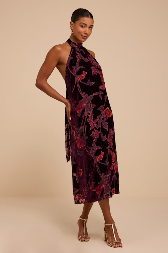 Image of Viv Wine Red Floral Velvet Halter Dress