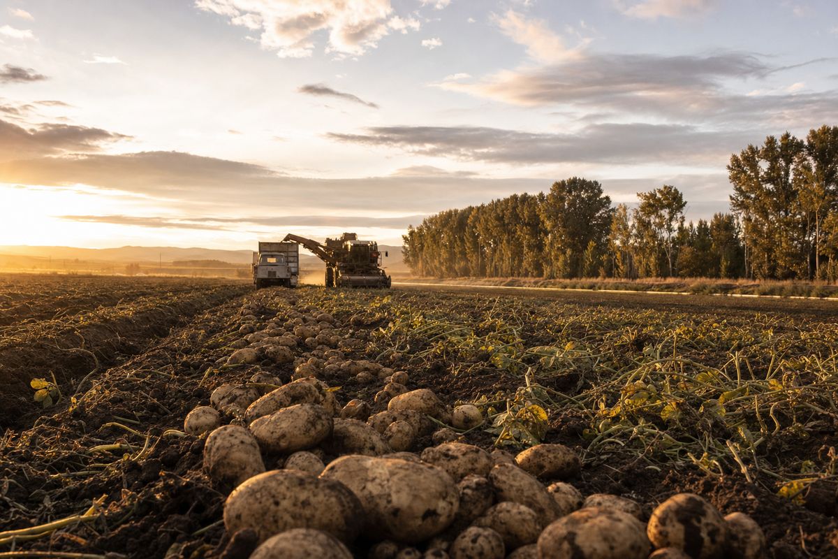 Freshly dug potatoes on dark soil at golden hour, with a harvester loading a truck beside a row of tall poplars