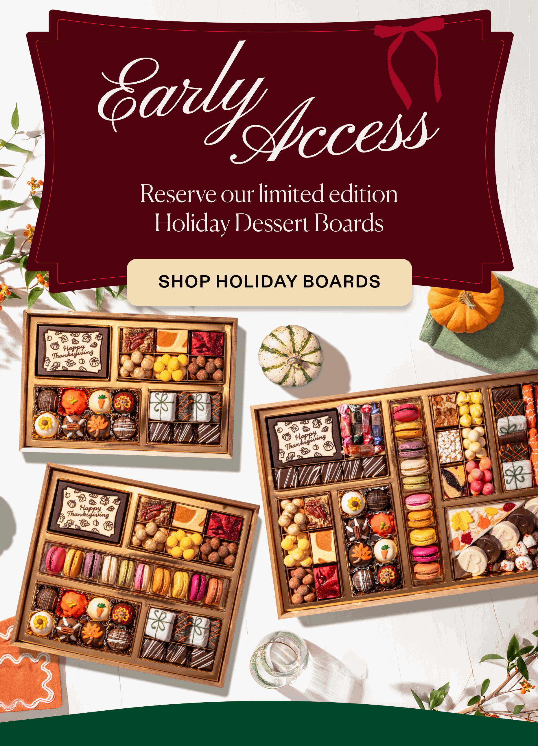 Early Access - reserve our limited edition holiday dessert boards, click to shop holiday boards