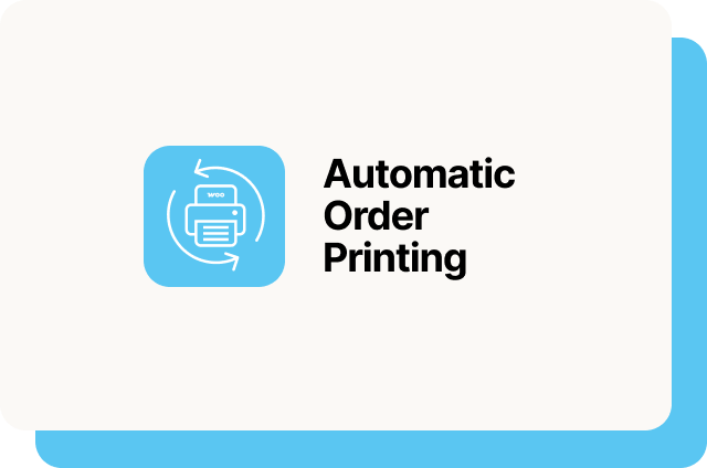 Off-white rounded card with a sky blue offset shadow, featuring a sky blue rounded square app icon with a white printer and circular sync arrows, beside the bold black text "Automatic Order Printing".