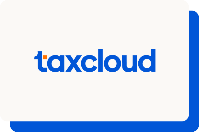 Off-white rounded card with a bright blue offset shadow, featuring the TaxCloud logo in bold blue lowercase lettering with a small orange square accent on the letter "t".