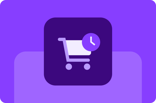 Bright purple background with a medium violet offset shadow, featuring a dark navy rounded square icon with a white shopping cart and a purple clock badge.