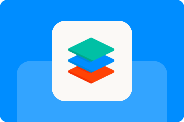 Bright blue background with a lighter blue offset shadow, featuring an off-white rounded square icon with three stacked diamond shapes in teal, blue, and red-orange.