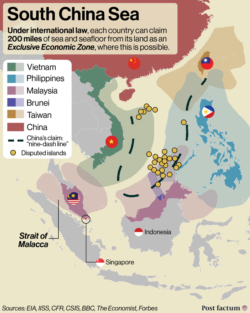 South China Sea map: maritime claims, China’s nine-dash line and disputed islands infographic