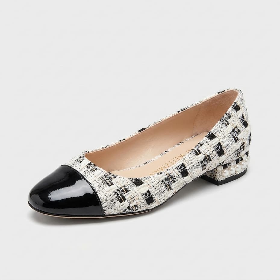 Stuart Weitzman tweed cap-toe ballet flat in black and white at Century 21 NYC