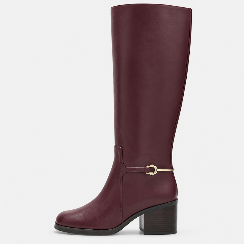 Stuart Weitzman women's knee-high boots in burgundy leather at Century 21 NYC