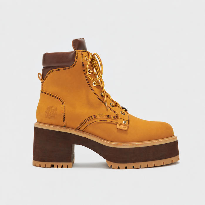 Maje women's platform combat boots in wheat nubuck at Century 21 NYC