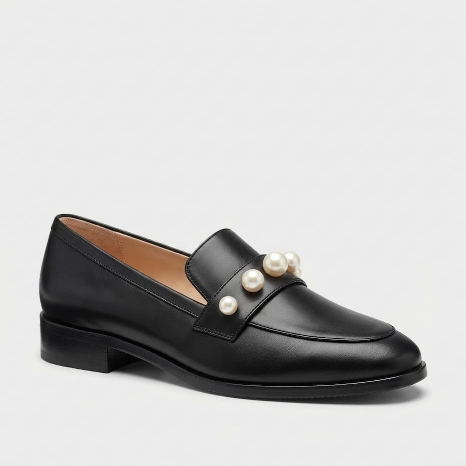Stuart Weitzman pearl loafer in black leather at Century 21 NYC