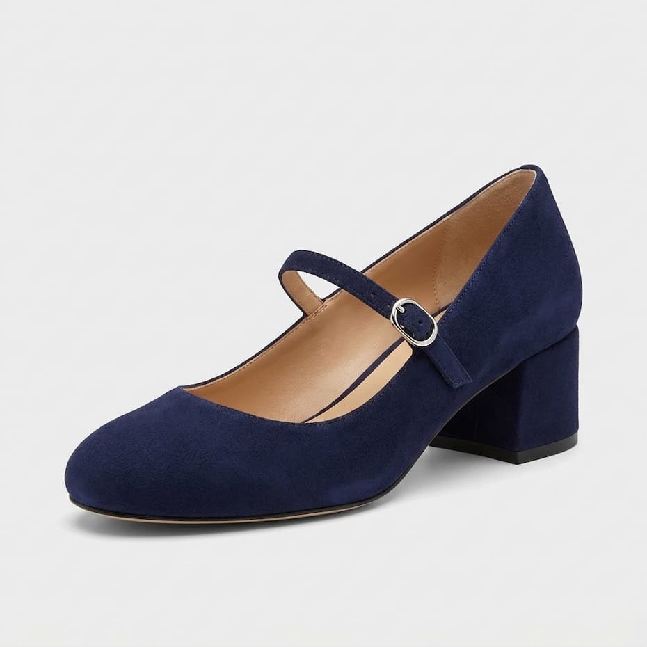 Stuart Weitzman Mary Jane pump in navy suede with a block heel at Century 21 NYC