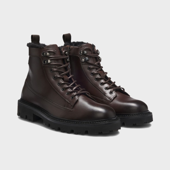 Hugo Boss men's lace-up boots in dark brown leather at Century 21 NYC