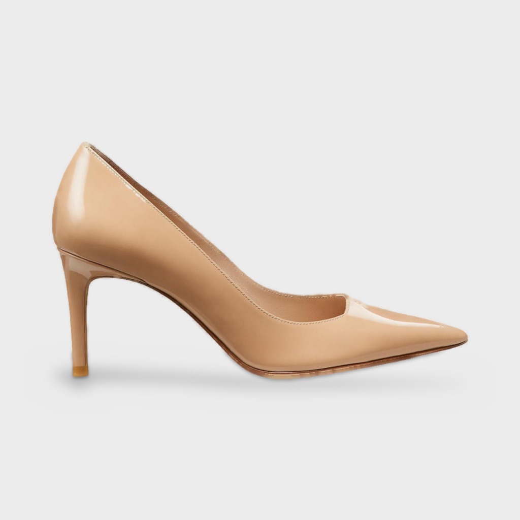 Stuart Weitzman pointed pump in adobe patent leather at Century 21 NYC