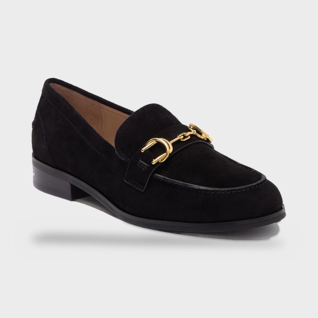 Stuart Weitzman Owen buckle loafer in black suede at Century 21 NYC