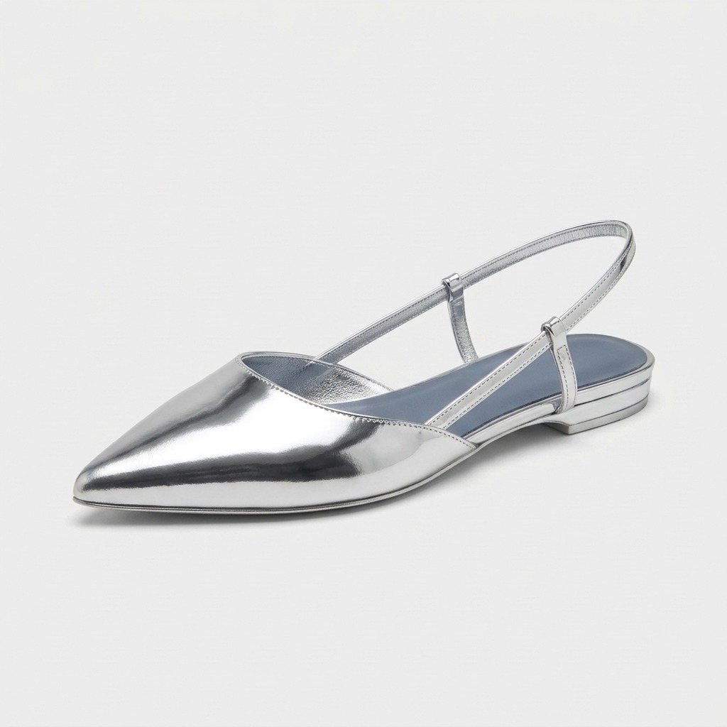 Stuart Weitzman pointed slingback flat in silver metallic leather at Century 21 NYC