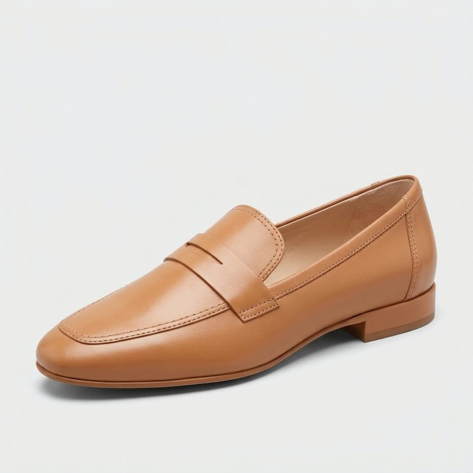 Stuart Weitzman penny loafer in tan leather at Century 21 NYC