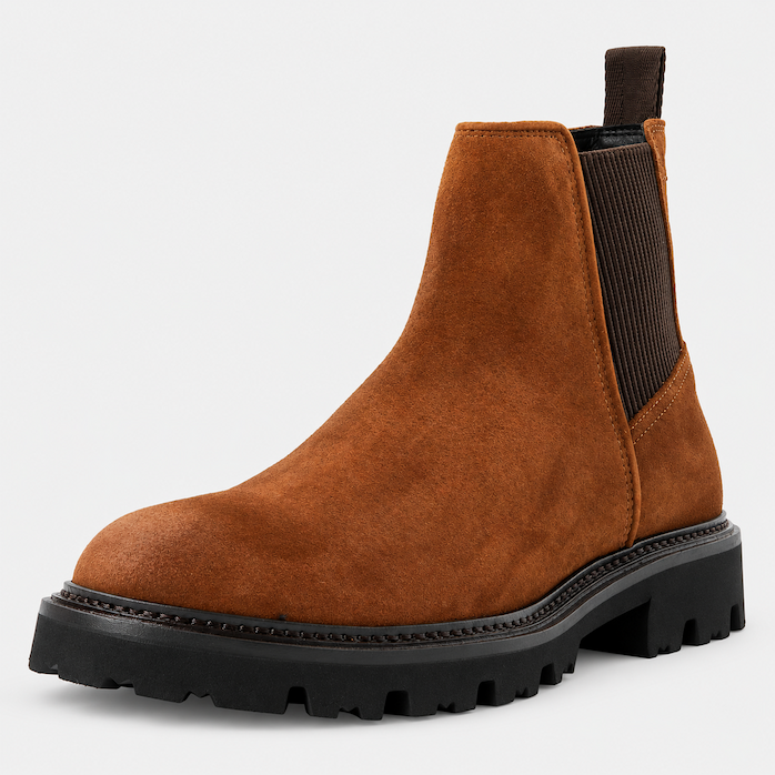 Hugo Boss men's Chelsea boots in rust suede with lug sole at Century 21 NYC