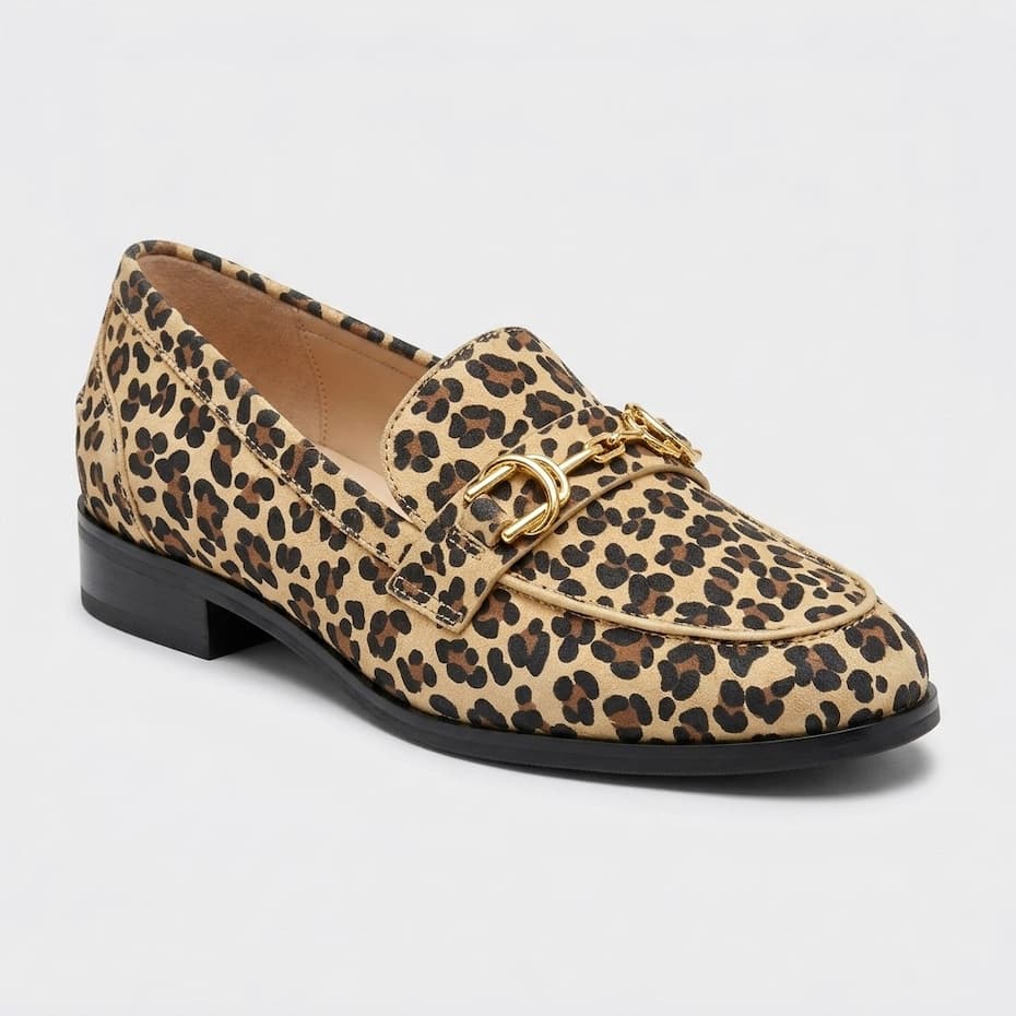 Stuart Weitzman Owen buckle loafer in leopard suede at Century 21 NYC