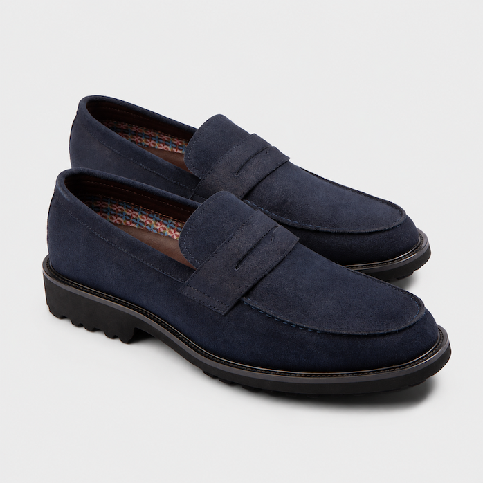 Tailorbyrd men's navy suede penny loafers at Century 21 NYC