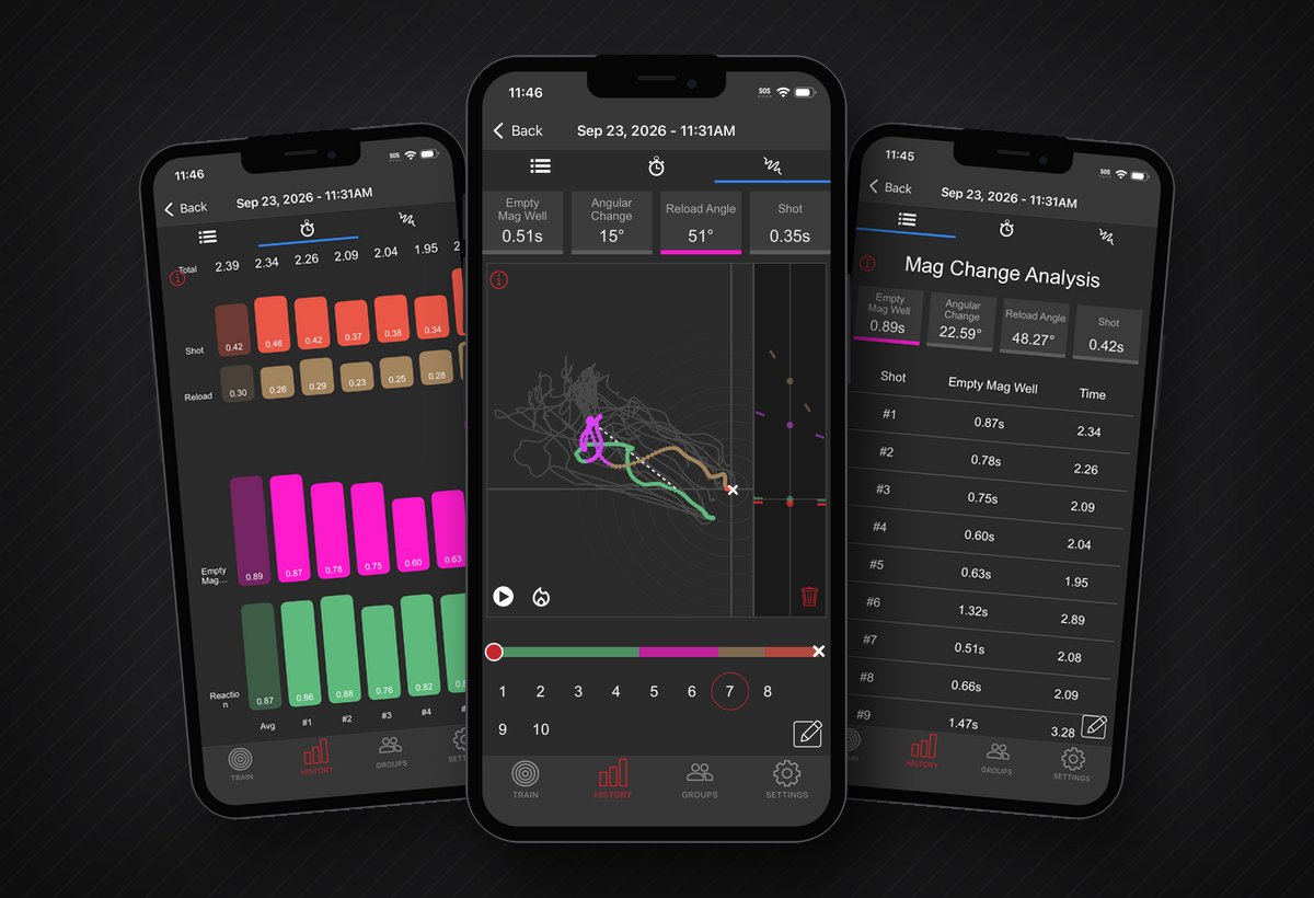 Mag Change Analysis drill phase, trace and table screens in the MantisX app
