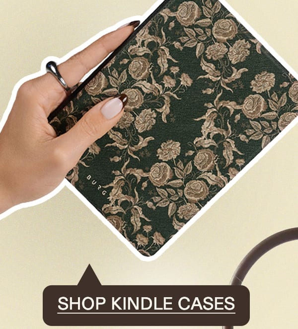Drinkware callout beside a patterned travel bottle and floral Kindle case. (left)