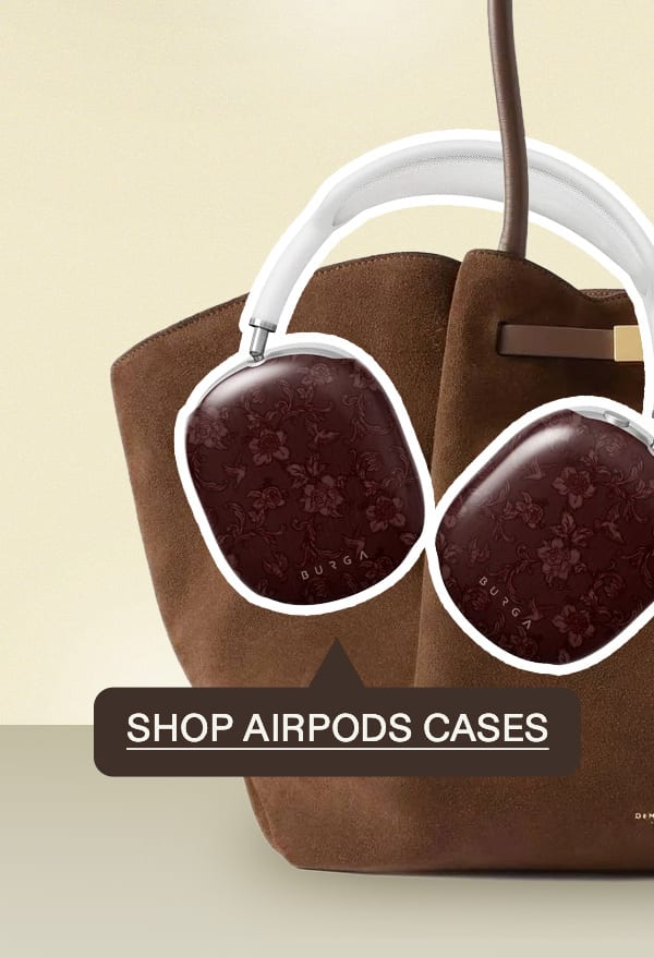 Shop callouts for Kindle, iPad and AirPods cases beside a large brown tote. (left)