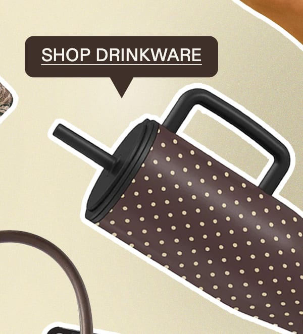 Drinkware callout beside a patterned travel bottle and floral Kindle case. (right)